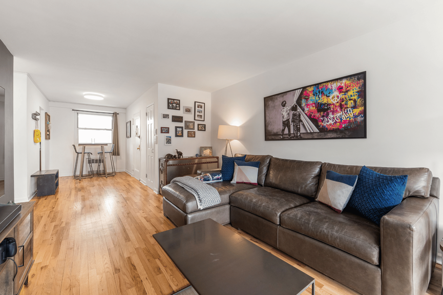 Living room and Dining Area at 35-50 85th Street, Unit 7H, a co-op apartment in Jackson Heights, Queens (11372).