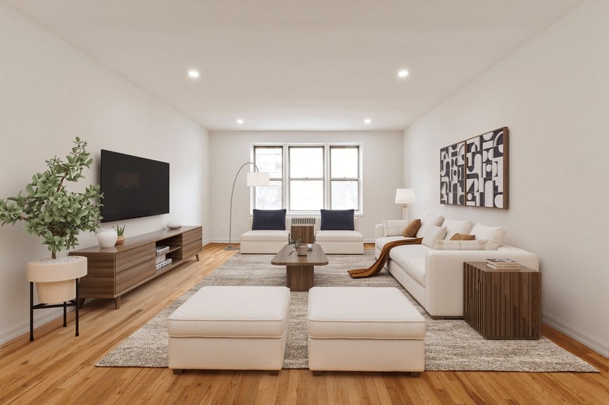 Living room at 79-10 34th Ave, Unit 4U, a co-op apartment in Jackson Heights, Queens (11372).