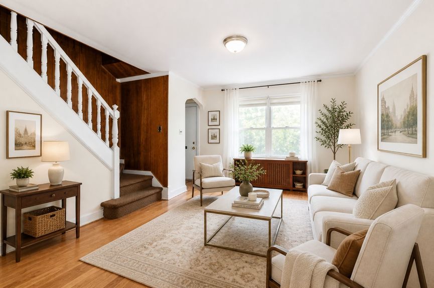 Living room at 20-29 28th St, a single-family home in Astoria, Queens (11105).