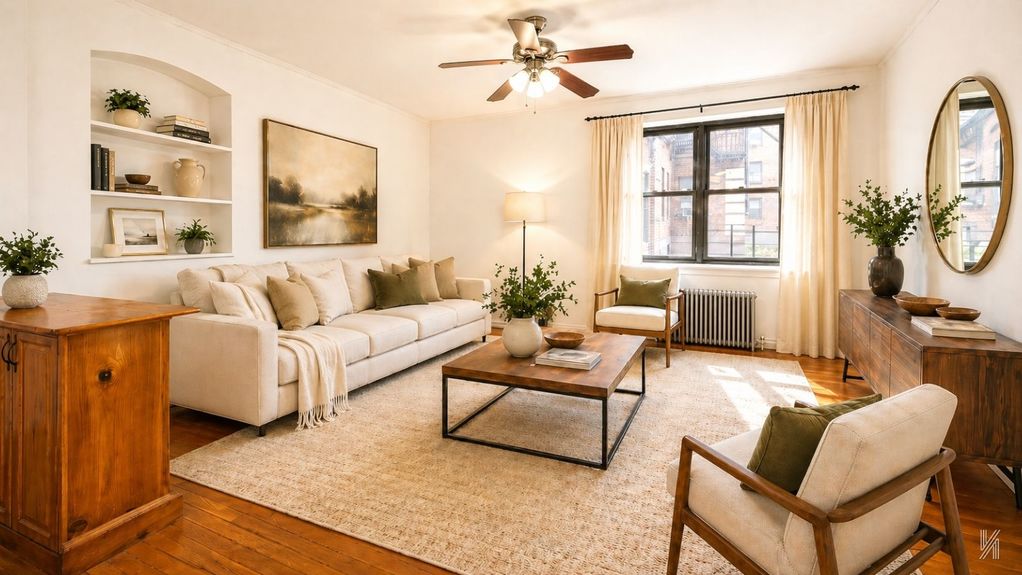 Living room at 22-43 77th St, Unit C1, a condo apartment in Astoria, Queens (11370).