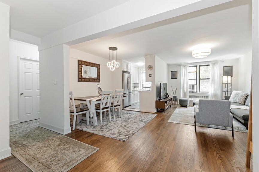 Living room, Dining Area and Kitchen at 33-45 94th St, Unit 4H, a co-op apartment in Jackson Heights, Queens (11372)