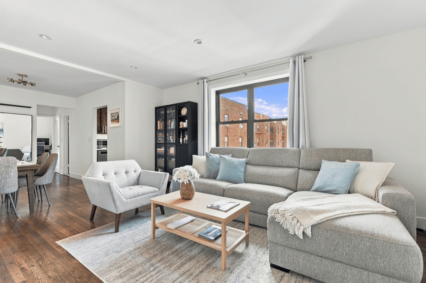 Living room and Dining Area at 88-09 Northern Blvd, Unit 506, a co-op apartment in Jackson Heights, Queens (11369).