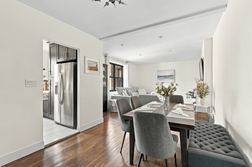 Living Room, Dining Area, and Kitchen at 88-09 Northern Blvd, Unit 506, a co-op apartment in Jackson Heights, Queens (11369).