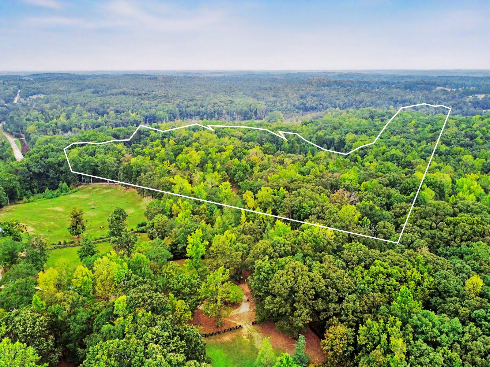 Aerial view of the estate’s wooded 36-acre parcel with the property line outlined