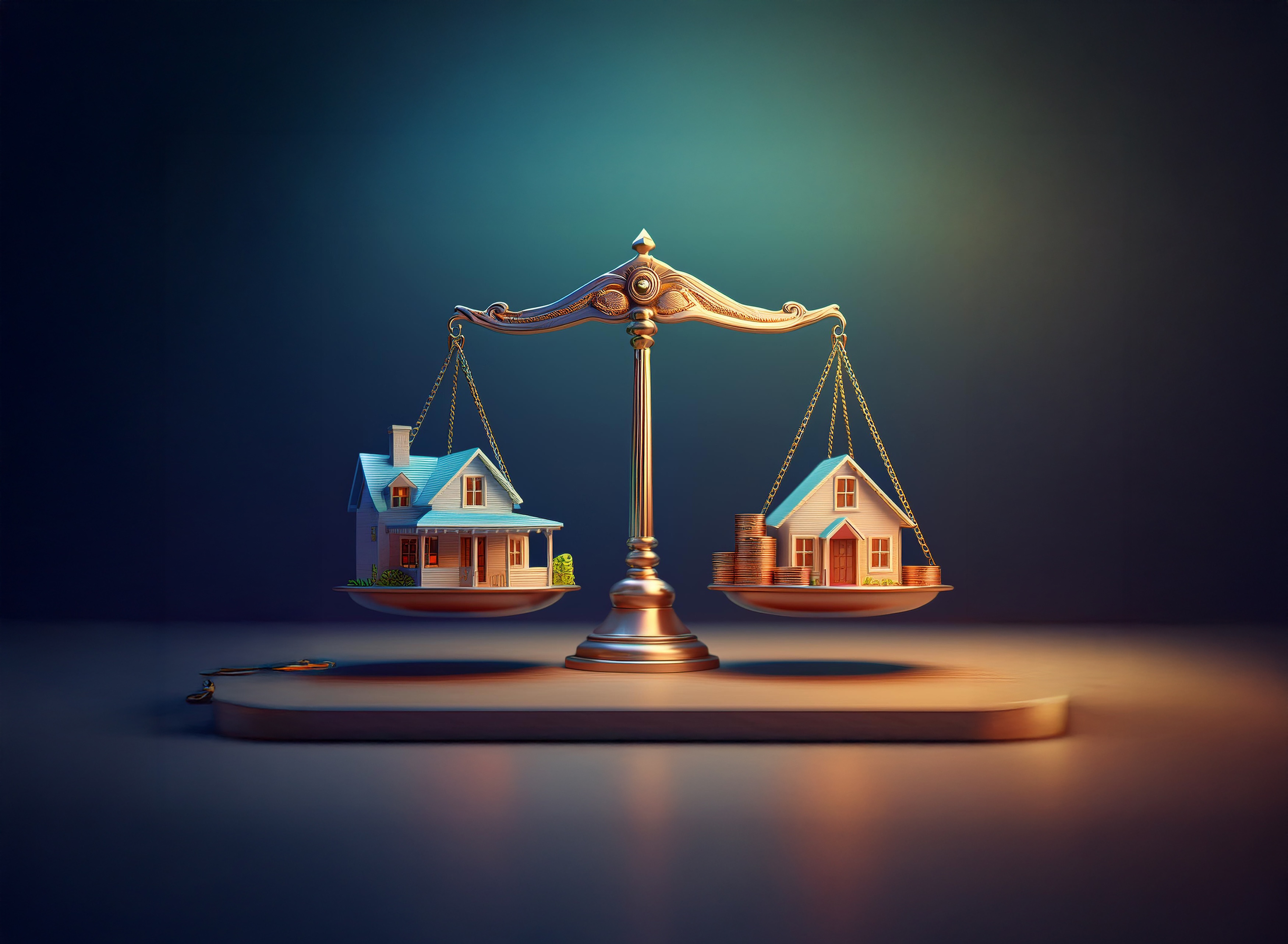 A silver scale balances two miniature houses, one seemingly more valuable due to its size and condition. This symbolizes the comparison of property values and the real estate market.