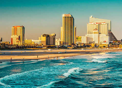 The skyline and Atlantic Ocean in Atlantic City, New Jersey.