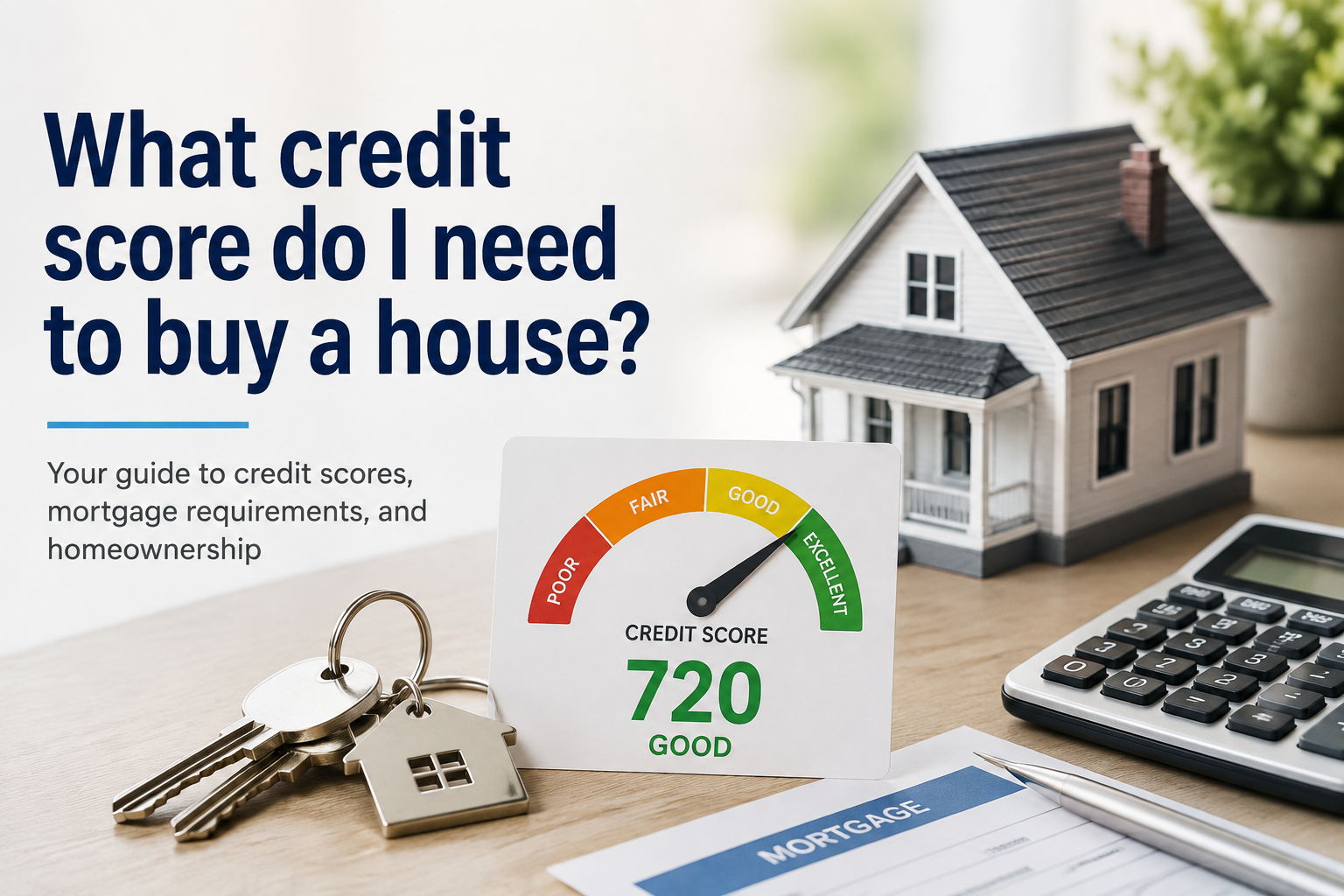 Credit score needed to buy a house, shown with a 720 credit score, house keys, mortgage paperwork, and a model home.