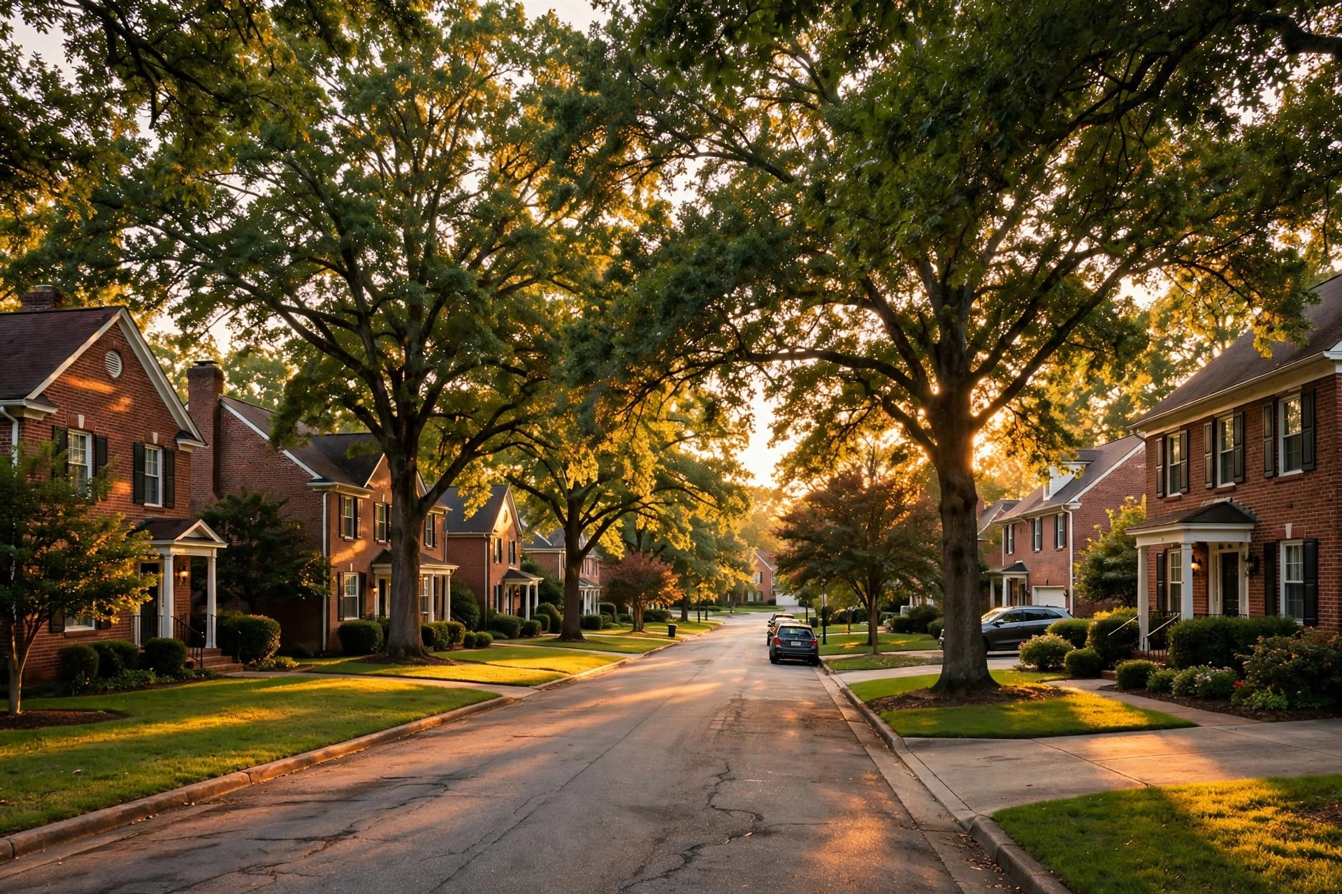 Suburban Charlotte street with brick homes at golden hour — how much house can you afford in Charlotte.