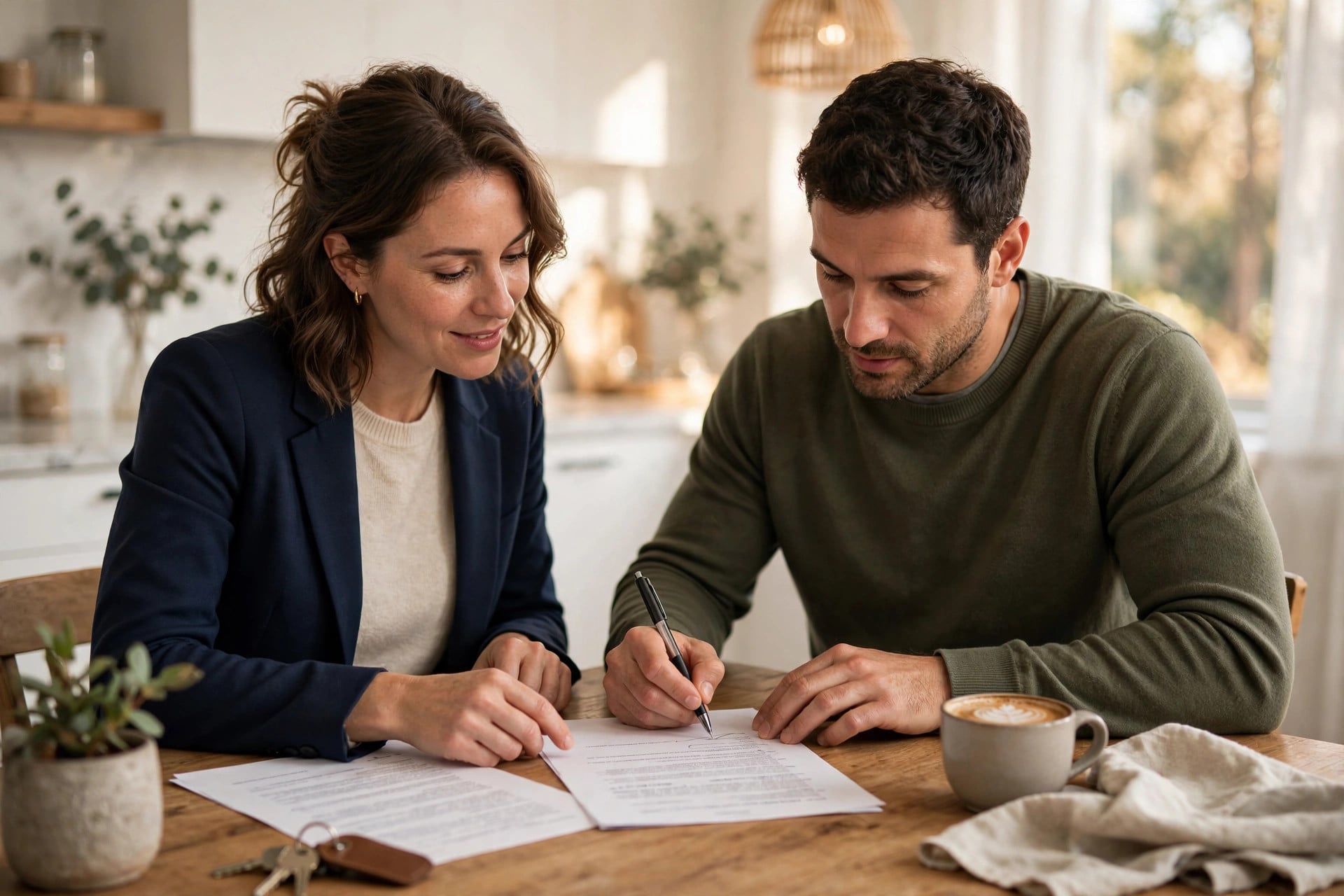 Real estate agent and buyer reviewing a buyer agency agreement before touring homes in North Carolina.