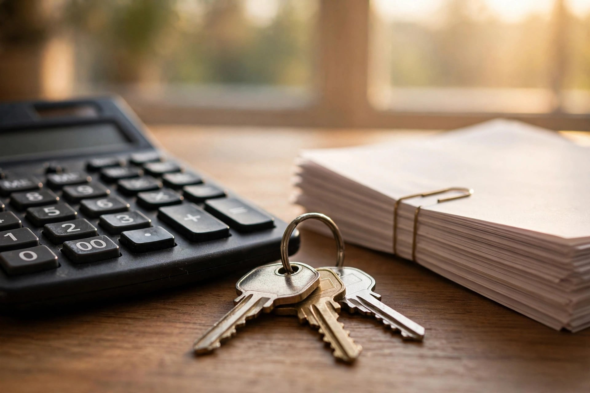 Calculator, house keys, and closing documents on a desk — budgeting for buyer closing costs in North Carolina.
