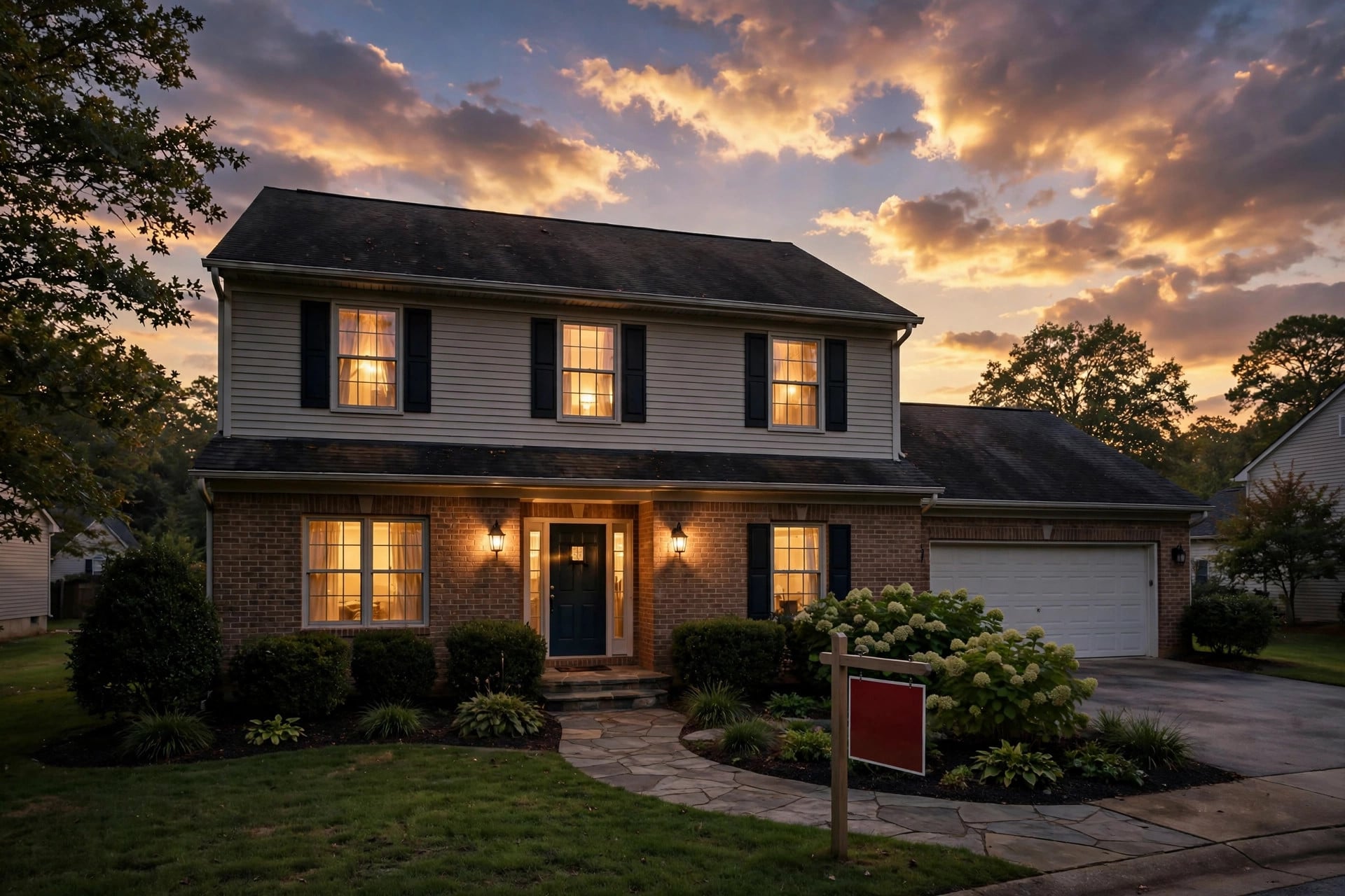 Suburban Charlotte home at dusk with warm glowing windows and a red for-sale sign in the front yard.