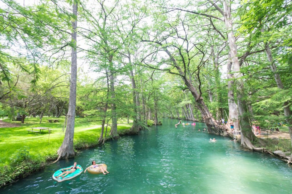 Blue Hole in Wimberley, Texas, with clear spring water surrounded by towering cypress trees.