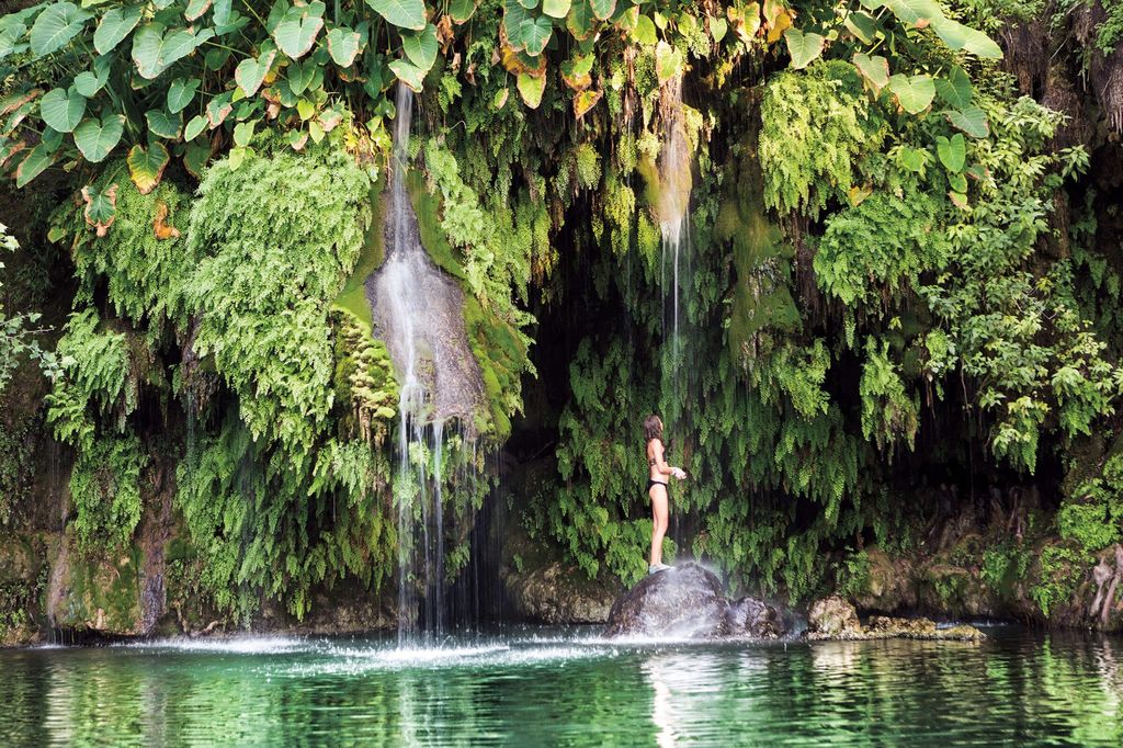 Peaceful swimming hole at Krause Springs in Spicewood, Texas, framed by ferns and rock ledges.