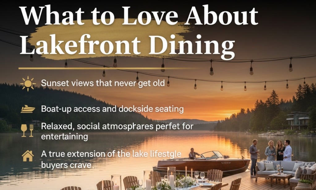 Lakefront dining at sunset with dockside seating, boat-up access, and social waterfront atmosphere on Lake Travis and Lake Austin