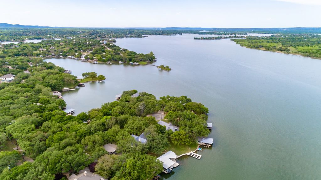 Aerial view of Deer Haven in Horseshoe Bay, a quiet Lake LBJ waterfront neighborhood with private access to constant-level waters.
