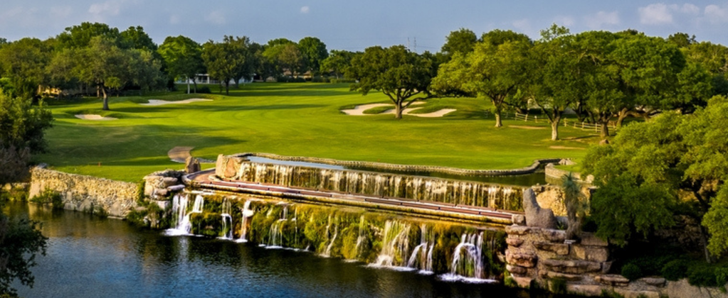 Waterfall feature on Slick Rock Golf Course at Horseshoe Bay Resort in Texas Hill Country near Lake LBJ.